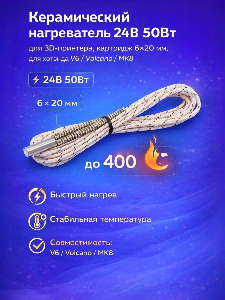 Керамический нагреватель (картридж) для 3Д принтера, 24В 50Вт 2 метра